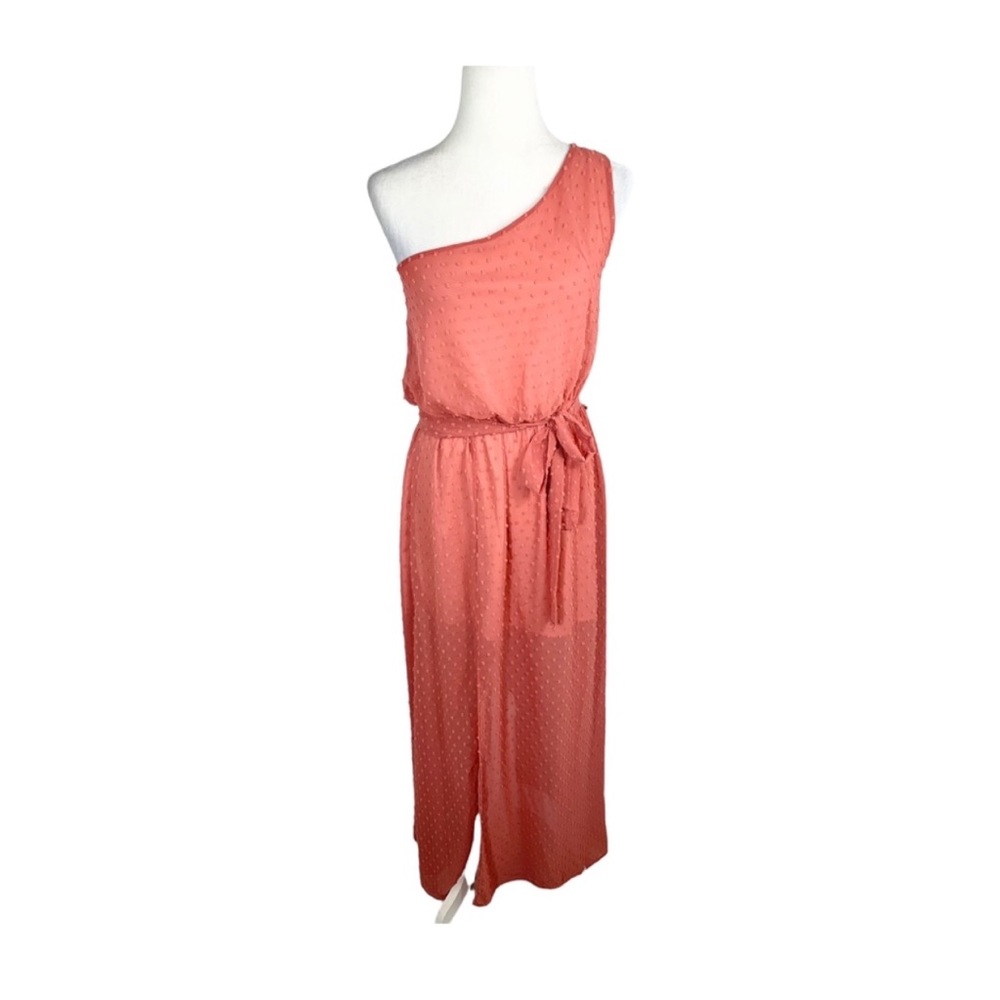 Peach Love California One Shoulder Dusty Rose Swiss Dot Maxi Dress - Picture 3 of 5